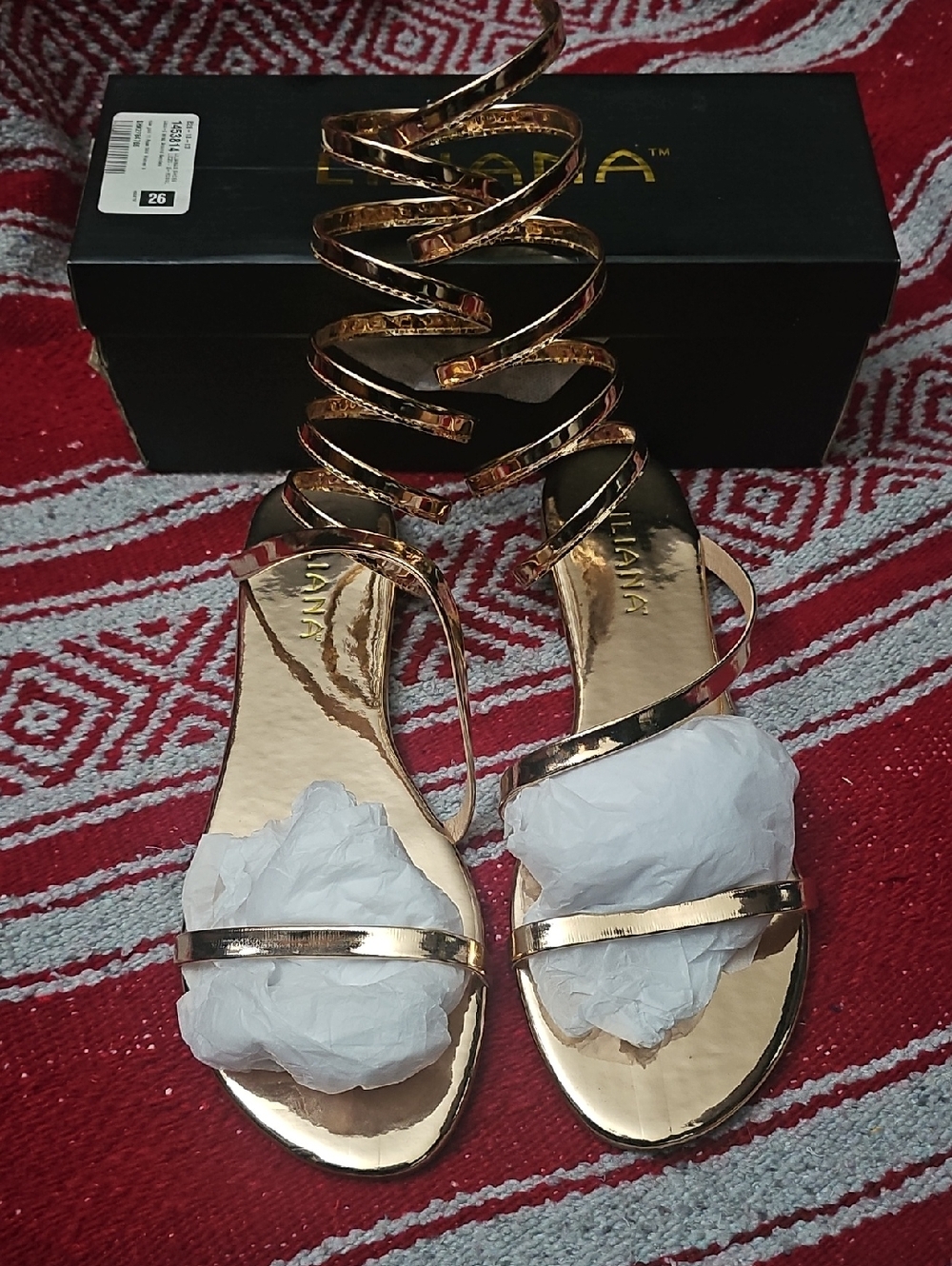 Liliana Metallic Gold Spiral Wrap Sandals. Womens 11